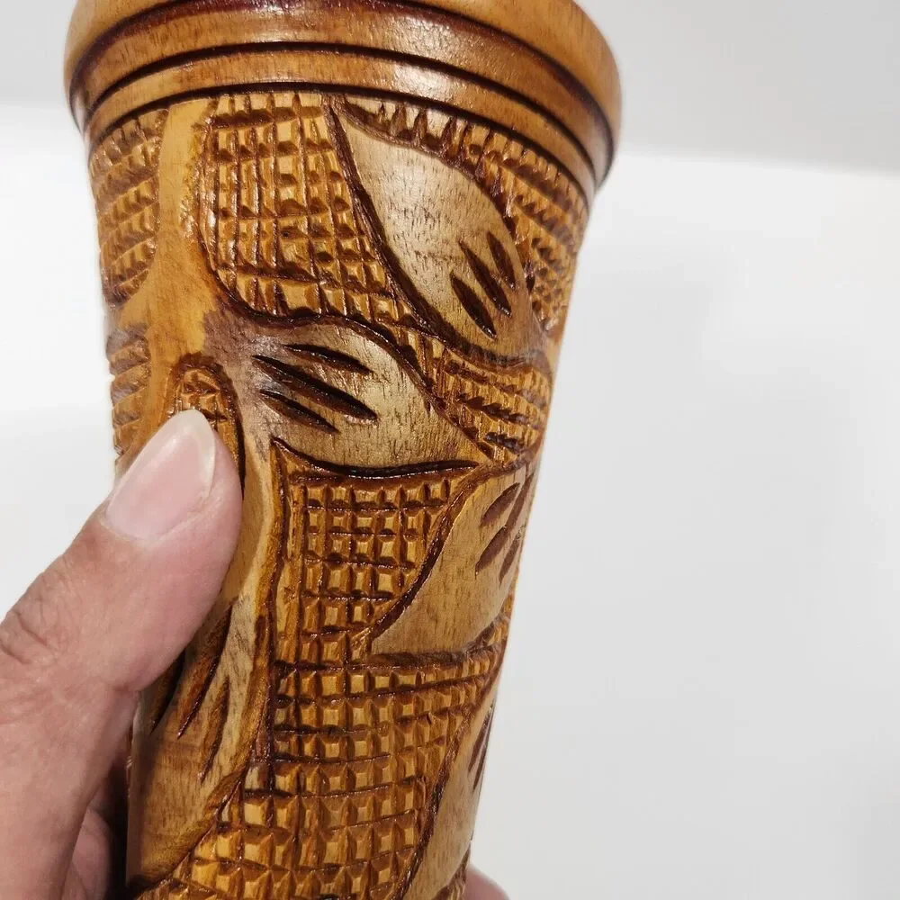 Hand Carved Wooden Vase Vessel Floral Leaf Design Bohemian Style, Boho Tiki